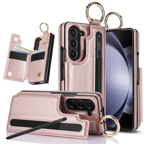 XIMAND for Samsung Galaxy Z Fold 7 Wallet Case with S-Pen Holder and Credit Card Holder, Cash Slot, Front Tempered Glass Screen Protector & Reinforced Frame Protective Cover.(Rosegold)