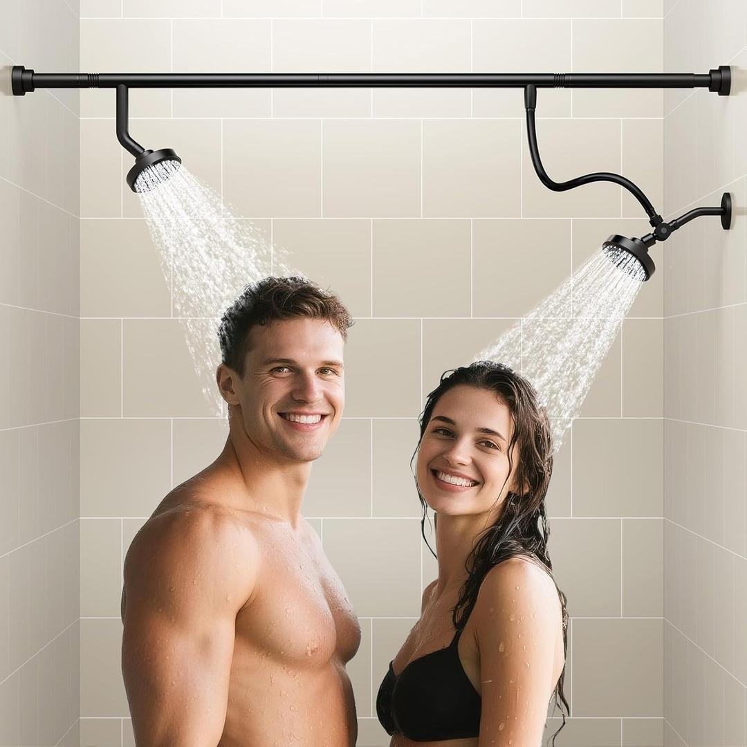 NTPN Dual Shower Head for Couples, High Pressure Double Shower Heads for Two People Rod, Two Showerhead System Fit 2 Person, Birthday Gifts for Women Men, SpaLike (Black) Segmented Design
