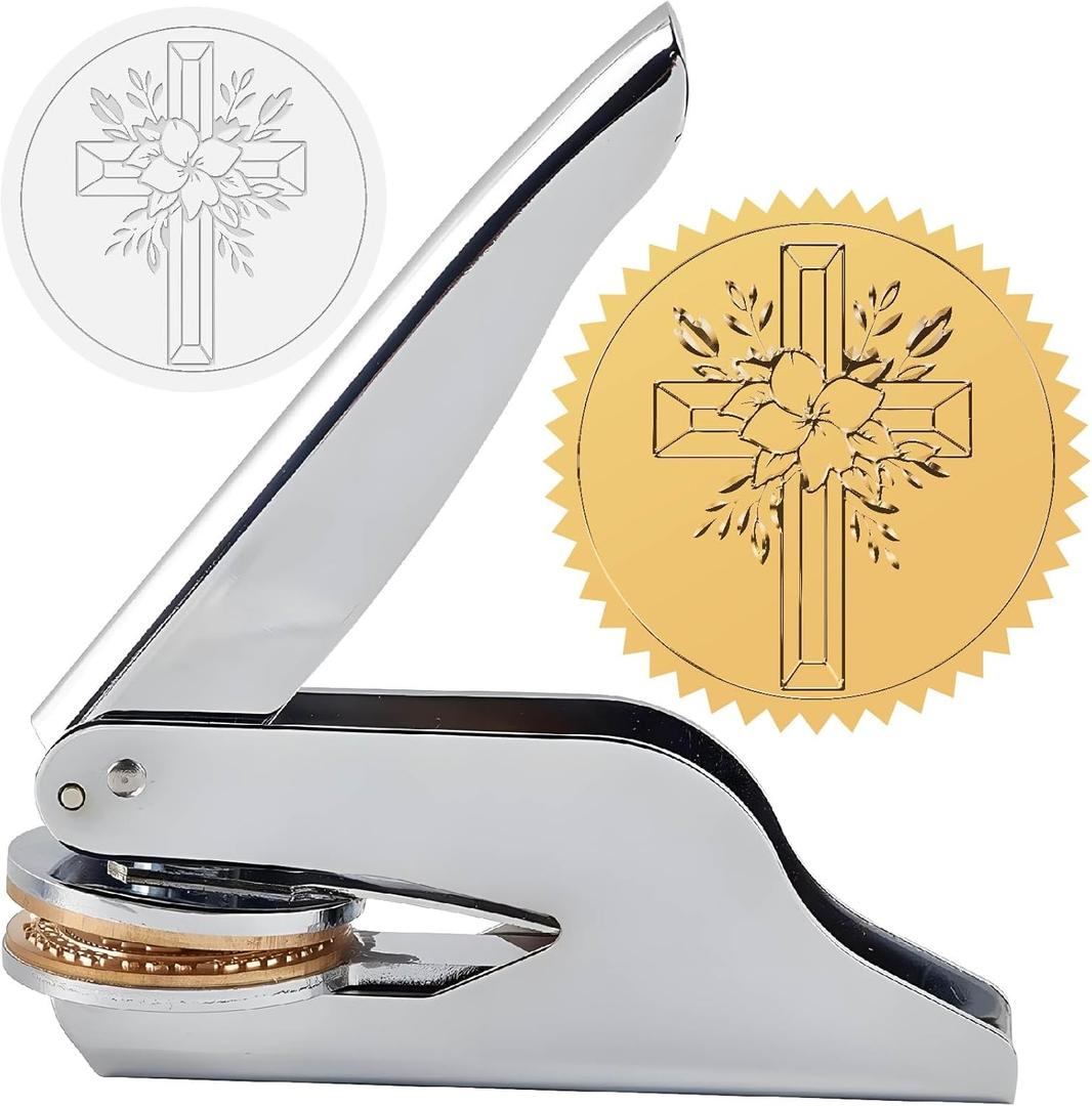 CRASPIRE Cross Embossed Stamp Flower Book Ex Libris Library 1.6in Stainless Steel Seal Stamper Hand Held Embosser Bookish Teacher Notary for Graduation Gift Envelopes Wedding Invitation Paper Napkin