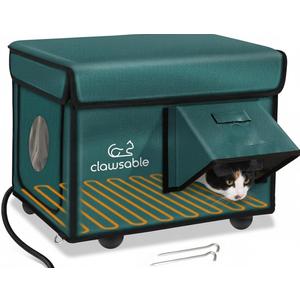 Indestructible Heated Cat House for Outside Cats Winter, 100% Weatherproof, Safe Escape Door, Insulated Outdoor Cat Shelter with Heater for Feral Barn Cat Kitty (Forest Green, 13"x17"x12.6")