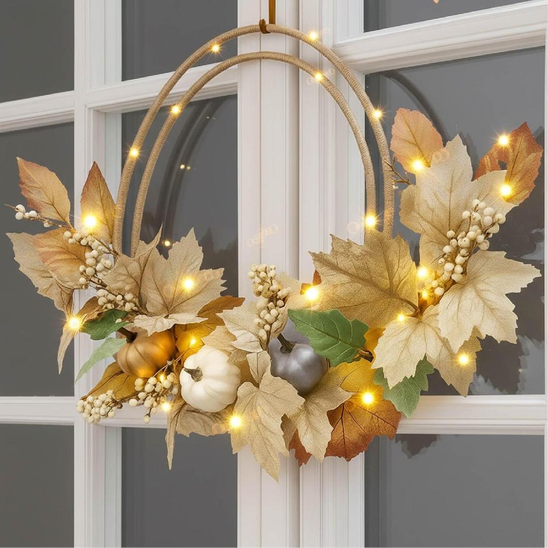 Fall Large Lighted Wreaths 22 Inch Fall Wreath for Front Door Thanksgiving Harvest Autumn Wreaths with Artificial Eucalyptus Pumpkin Berry Lamb Ears Leaves for Porch Farmhouse Window Wall