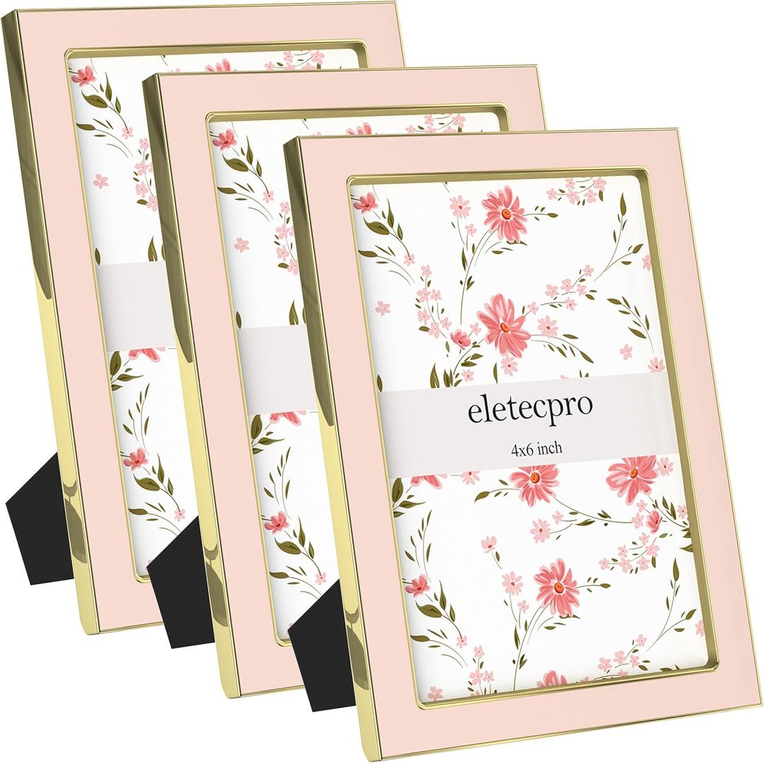 eletecpro 4x6 Enamel Picture Frame with Real Glass Cover, 3 Pack Pink Photo Frame with Gold Metal Edge, Horizontal and Vertical Display Pictures 4x6 for Tabletop and Wall Decor