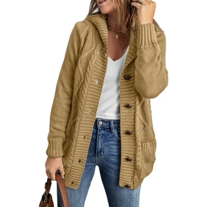 Hooded Cardigan for Women Cable Knit Button Up Front Sweater Casual Fall Outfits Winter Coat with Pockets M