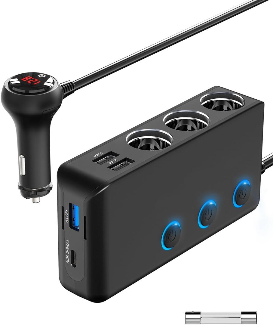 Car Charger Splitter 200W, Qidoe 3 Socket Cigarette Lighter Adapter with PD30W USB-C & QC3.0 Multi USB Car Charger DC Outlet Cigarette Splitter Power Switches Voltmeter for GPS Dash Cam Phone