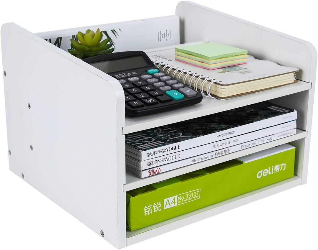 PAG Wood Desktop File Organizer Office Phone Stand for Desk Adjustable Desktop Shelf Mail Sorter Paper Magazine Holder Rack, White