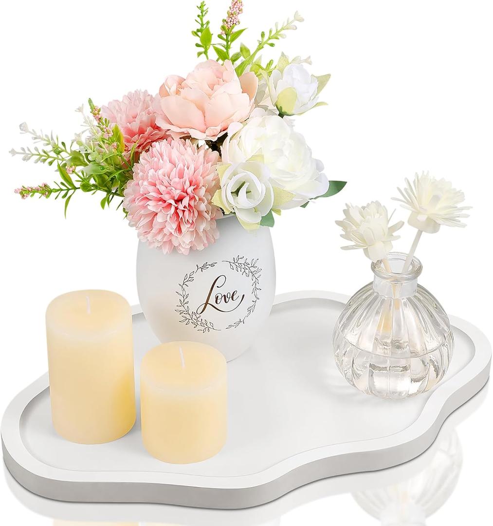 Small Decorative Tray Wood Decorative Serving Tray for Candles Perfume, Cloud Wooden Jewelry Tray Trinket Dish, Wooden Trays for Coffee Table Home Decor (White)