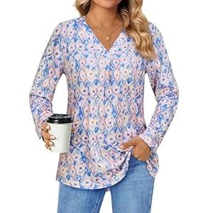 Women's Professional V-Neck Work Blouses Dressy Long Sleeve Tunics Floral Shirts for Office Business Casual Elegant Ladies Clothes Textured Wrinkle Free Fashion Fit Outfit Blue Pink Floral Medium