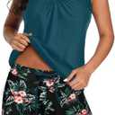 Aqua Eve Two Piece Women's Tankini Swimsuits Blouson Swim Tank Top with Shorts Modest Bathing Suits, Large