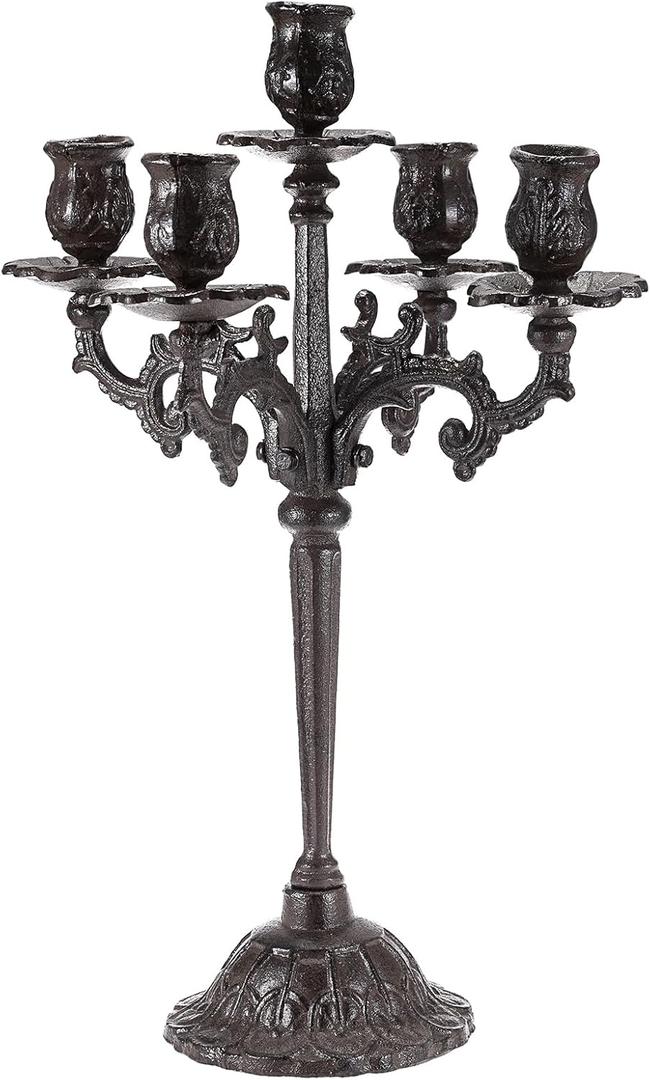OwnMy 5 Arms Cast Iron Candlestick Holder Vintage Taper Candle Holder Large Candelabra Heavy Duty, 5-Arms Cast Iron Candelabra Antique Taper Candle Stand Elegant Candle Centerpieces for Dining Table