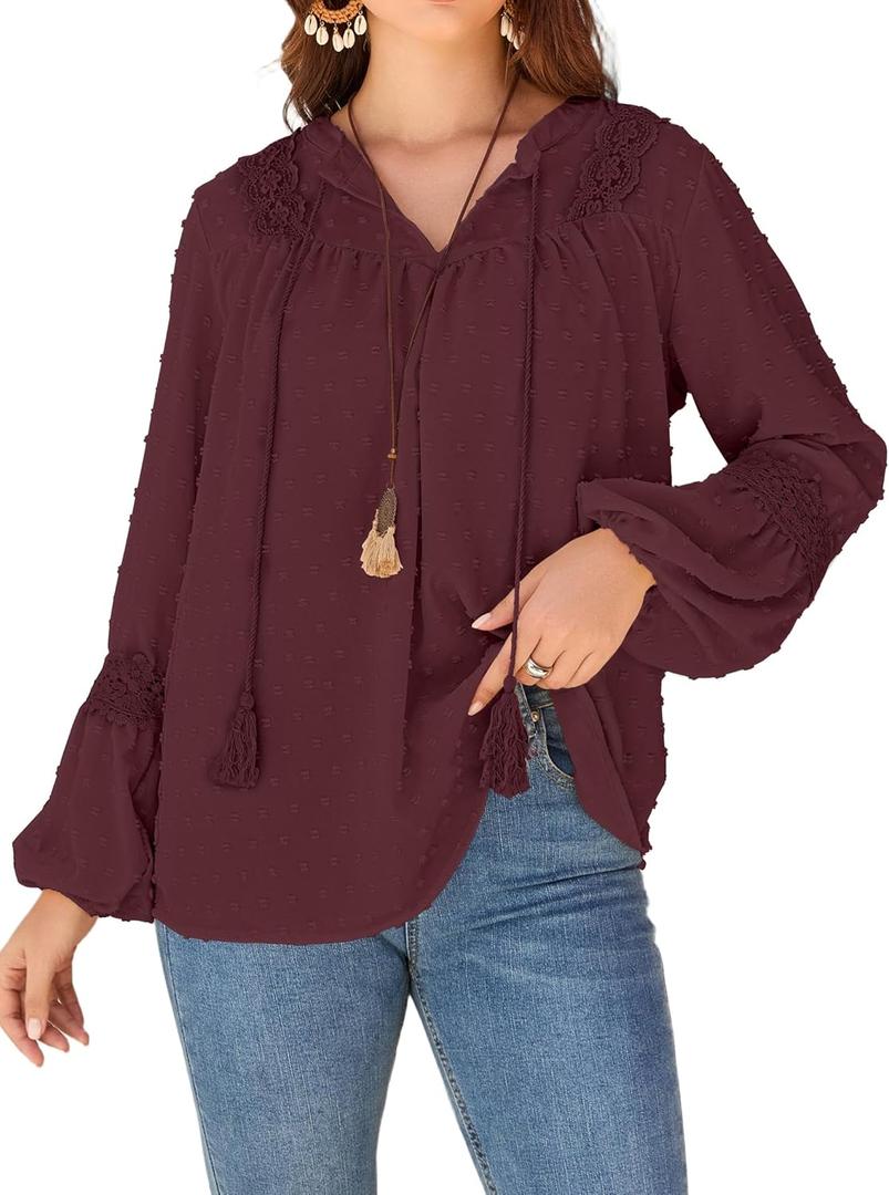 KI LAPHEE Long Sleeve Shirts for Women Boho Tops  Swiss Dot Blouse, Flowy Chiffon Lace Tunic (Large, Burgundy)