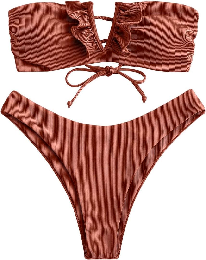 ZAFUL Women's Strapless Ribbed V Wired Lace Up Ruffle Tie High Cut Bandeau Swimsuits Bikini Set (0-coffee) S