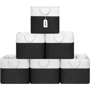 ECDYQXVU 13x13 Inch Cube Storage Bins with Reinforced Bottom Cardboard, 6 Pack Large Foldable Fabric Storage Cubes with Handles for Shelf, Closet, Laundry Organization (White&Black)