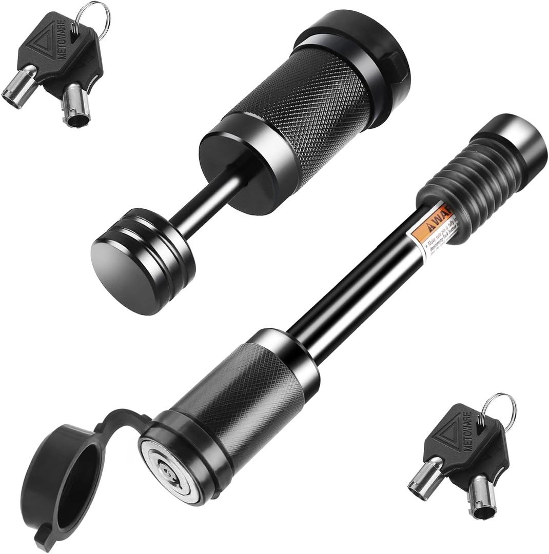 METOWARE Keyed Alike Hitch Lock& Coupler Lock Set, 5/8" Dia 3-1/2 Long Trailer Hitch Locks for Class III IV 2" & 2-1/2" Receiver, Dia 1/4" Trailer Coupler Lock with 7/8" Span Fits Latch-Type Couplers