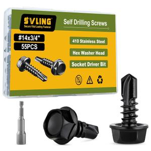 #14 x 3/4" Black Self Tapping Screws for Metal, 55PCS Self Drilling Screws 410 Stainless Steel, Hex Washer Head Self Tapping Sheet Metal Screw, Driver Bit Included