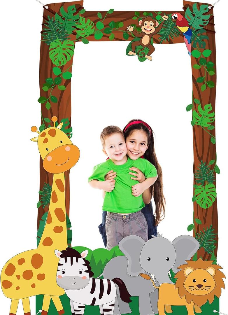 Jungle Party Decorations Jungle Animals Photo Booth Props Safari Animals Hanging Banner Safari Picture Frame Wild Animal Photo Backdrop for Baby Shower Birthday Party Supplies 4.4x6.3ft