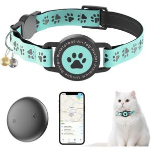 (Blue) GPS Tracker for Cats, Waterproof GPS Cat Trackers Cats Collar with Bells, No Subscription, GPS Cat Collar, Adapt with Apple Find My (iOS Only) Finder Tag for Vehicles, Pets, Kids