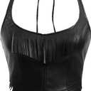 SHENHE Women's Faux Leather Fringe Top Backless Sexy Halter Corset Top Club Night Crop Tops, S