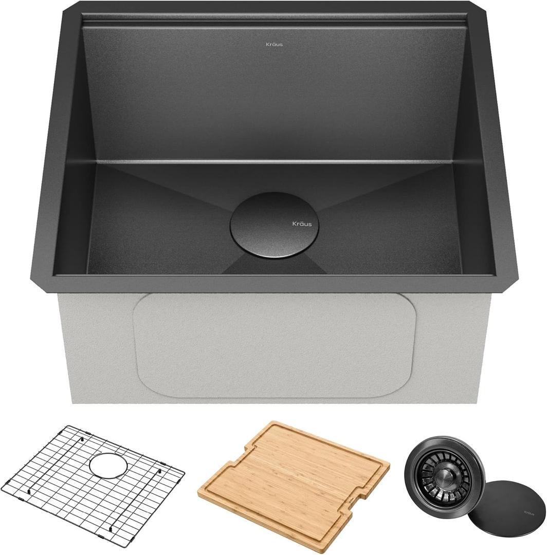 KRAUS Kore 21 Inch Undermount Workstation 16 Gauge Stainless Steel Single Bowl Kitchen Sink n PVD Gunmetal Finish with Accessories, KWU1101-21-PGM