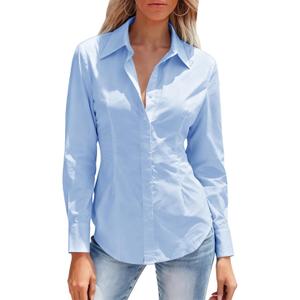 Mutitop Button Down Shirts for Women Long Sleeve Dress Shirts Wrinkle Free Collared Work Office Solid Blouses Corset Tops (Large, B-light Blue)