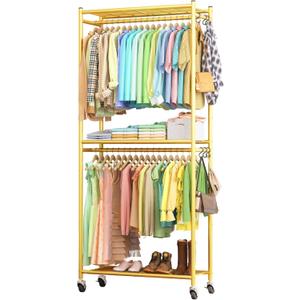 Clothes Rack - 33.0" x 12.2" x 79.5" Clothing Rack with Shelves & Wheels, Multi-Functional Wardrobe Closet with Hooks, Sturdy Metal Garment Rack for Bedroom, Laundry, Balcony (Gold) (Large)
