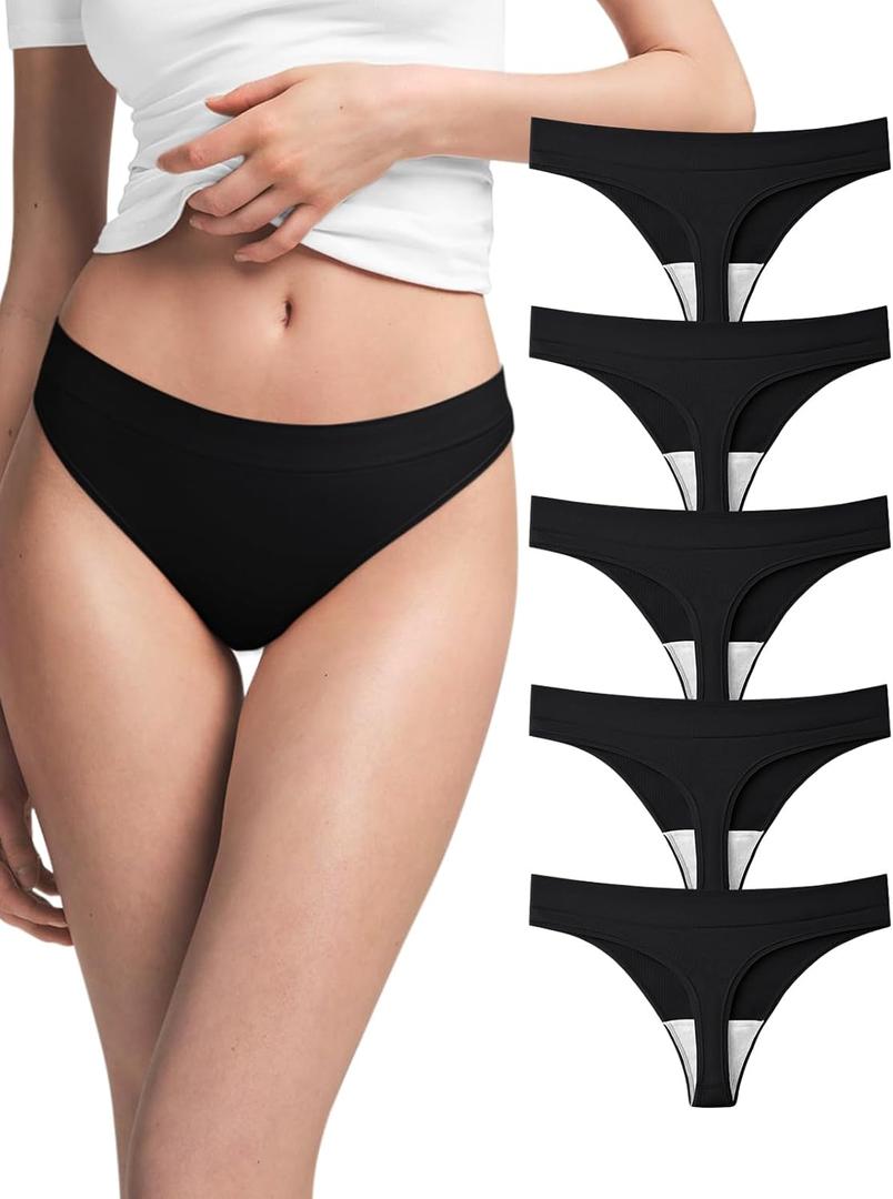 REORIA High Waisted Thongs for Women Breathable Seamless Thong Panties Sexy No Show Underwear 5 Pack (Black, S)