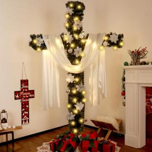 7Ft Artificial Christmas Cross Tree with a String Lights a White Silk Scarf and 10Pcs Poinsettia Flowers Christmas Easter Decors Jesus Christ Catholic Cross Decor for He is Risen Outdoor Home Decor