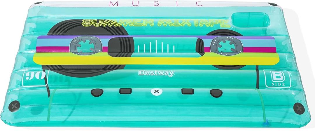 H2O GO Retro Beats Pool Float - 68.5" x 46", Teal Music Cassette Tape Design, Lightweight Inflatable Lounge w/Built-in Storage Area, Fun Water Play