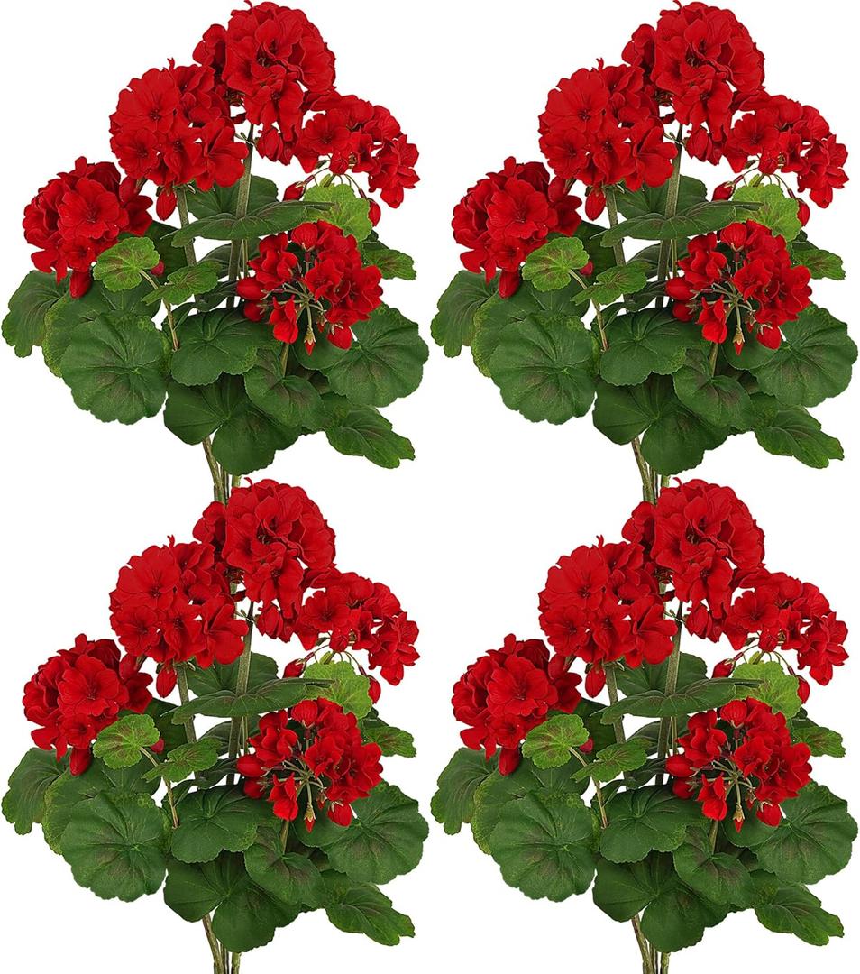 FOREST PRINCE 4 PCS 18" Artificial Geraniums for Outdoors, UV Resistant Red Silk Flowers for Window Box Porch Patio Garden Decor, Waterproof Ruby Red