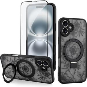 OOK Magnetic Ring Case for iPhone 16 Plus Case Kickstand [Compatible with MagSafe] Slim Translucent Matte Camera Lens Protection Case for iPhone 16 Plus, Black Floral Pattern (6.7")