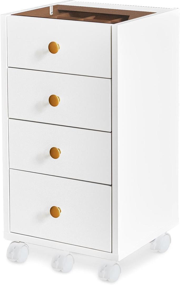 JanlyHome Under Desk Storage, Chest of 4 Drawers Under the Desk, Home Office Storage Cabinet with Glass Top, Small Mobile Printer Stand with Lockable Wheels for Home Office Study, White