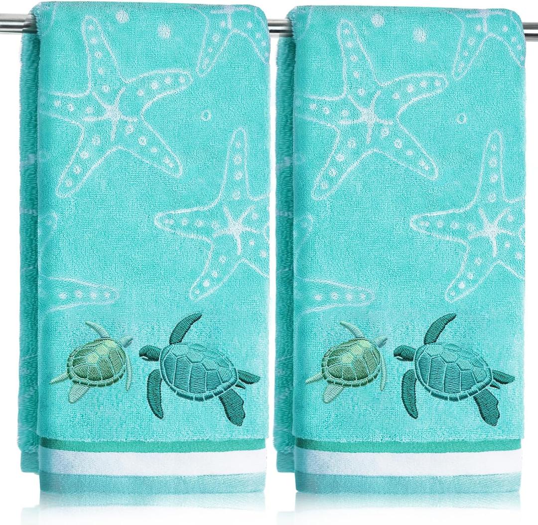 2 Pcs 13.7x29.5 Inch Sea Turtle Hand Towels | Jacquard 100% Embroidered Cotton, Soft Coastal Summer Beach Towel, Kitchen Bathroom Home Decor Gift, 13.78 x 29.53 inches