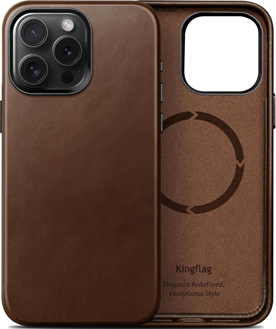 Genuine Leather Case for iPhone 15 Pro Max 6.7 inch, Oil Wax Top-Grain Leather, Compatible with MagSafe, Metal Buttons and Camera Bezel (Rustic Brown)