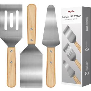 3 Pieces Stainless Steel Spatula Set,Metal Spatula for Cast Iron Skillet,Metal Spatula for Cooking with Wooden Handle,Metal Spatulas for kitchen use for Pancakes,Frying steak,Burger and Desserts