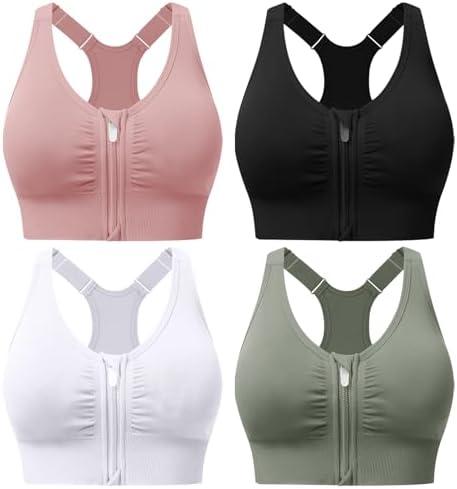 Zip Front Sports Bras for Women Adjustable Racerback Medium Support Bras Padded Post-Surgery Bras Seamless Yoga Athletic Bra M