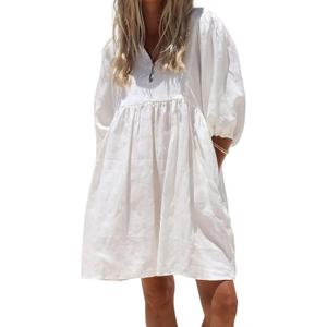chouyatou Women's Summer Puff Sleeve Cotton Tunic Dress V-Neck Mini Vacation Babydoll Dress (White, XL)