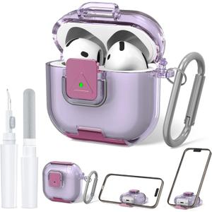 Secure Lock Case for AirPods 4 Case with Phone Stand, Soft TPU Shockproof Protective Cover for Airpods 4th Generation Clear Airpod 4 Case with Cleaning Pen & Keychain (Clear Purple)
