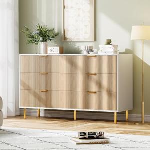 IDEALHOUSE Natural Dresser, Modern 6 Drawer Dresser for Bedroom with Gold Handle and Large Drawer, Wood Double Chest of Drawers and Storage Organizer for Living Room, Hallway, Entryway