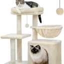 PEQULTI Small Cat Tree, [28.5''] Cat Tower for Indoor Cats, 2 Styles Activity Tree with Cat Scratching Posts, Big Hammock and Removable Top Perch Beige