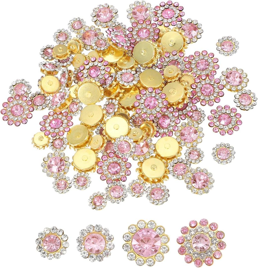 PATIKIL 100 Pcs Sew on Rhinestones Crystals 8mm 10mm 12mm 14mm, 3 Layers Sewing Flower Claw Rhinestones Glass Gems Metal Base for DIY Craft Dress Clothes Belt Decoration, Gold/Light Pink