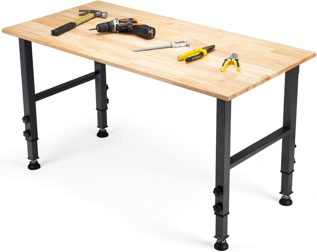 OLBRUS 48 "Adjustable Workbench, Heavy Duty 2000 LBS Load Capacity Hardwood Workbench Suitable for Workshop, Office, Garage, Home (Rubber PadNo Power Outlets 48"x24")