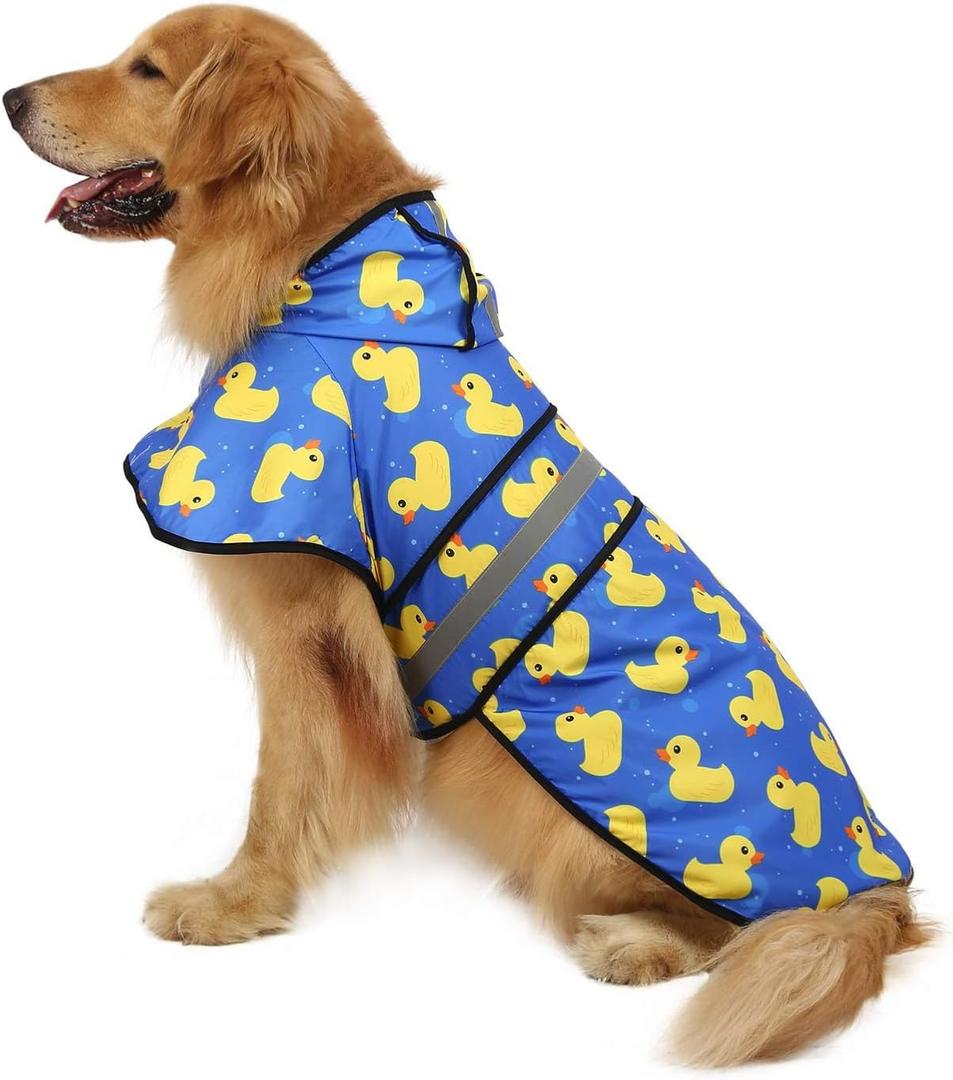 HDE Dog Raincoat Jacket Reflective Adjustable Hooded Pet Poncho Rain Coat with Leash Hole for. Dogs Rubber Ducks - L