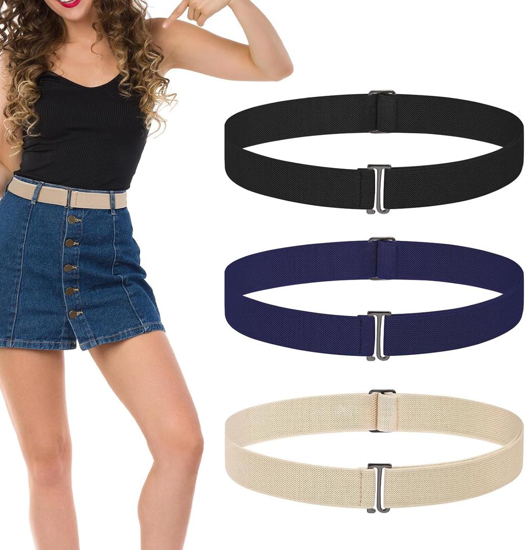 3 Pack Belts for Women, No Show Stretch Belt with Flat Buckle, Adjustable Elastic Waist Belts, Women's Belts for Jeans, Pants, Dresses, Invisible Belt Set for Women - Black, Blue, Khaki