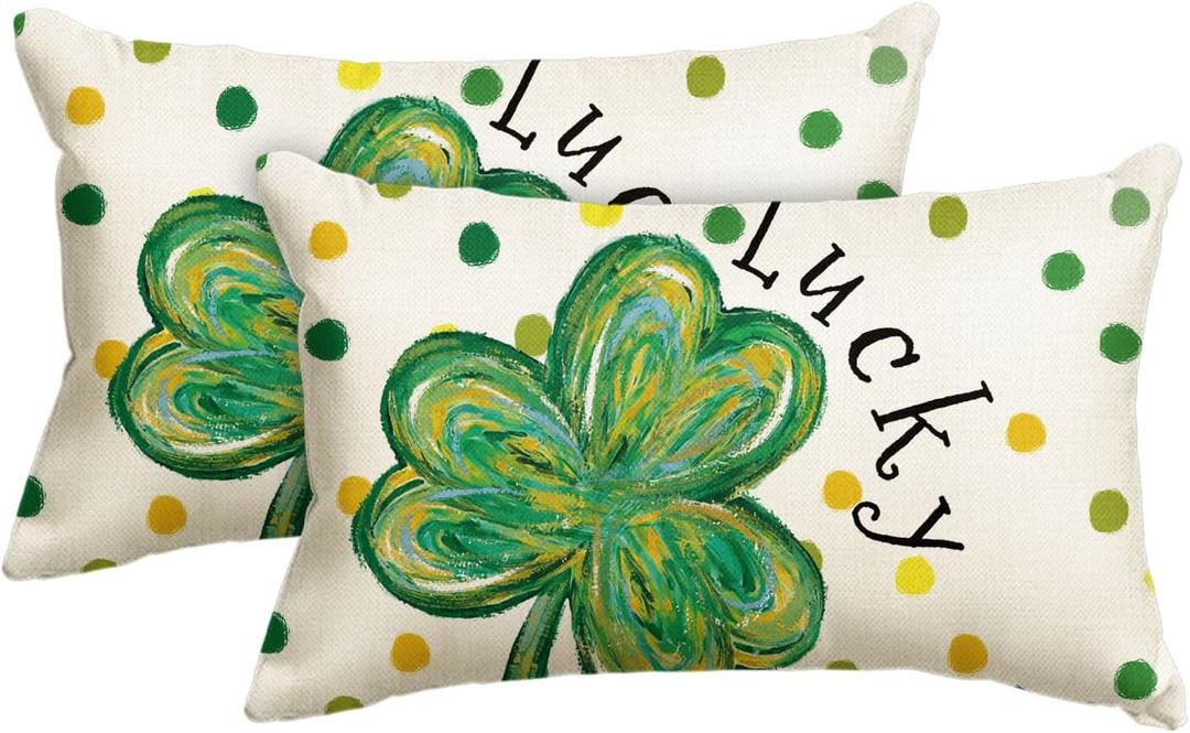 AVOIN colorlife St Patricks Day Clover Lucky Shamrock Throw Pillow Covers, 12 x 20 Inch Polka Dot Green Cushion Case Decoration for Sofa Couch Set of 2