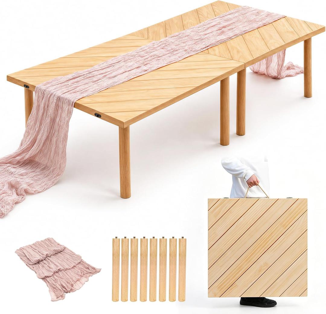 Folding Picnic Table for Indoor Outdoor, Portable Boho Low Picnic Table with Table Runner, 60" x 30" Wooden Table for Camping, Wedding, Beach, Garden, Party, Seats 6-8 People, 60" x 30" x 15.7"