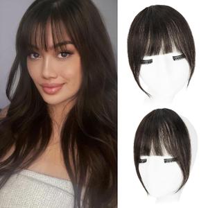 Yorda Bangs Hair Clip 100% Human Hair Clip in Bangs Fringe with Temples Wispy/French Bangs for Women Natural Looking for Daily Use (French Bangs, Brown Black)