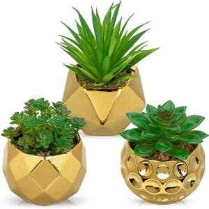 Briful Artificial Succulents Plants in Ceramic Pots, 3 Pack Faux Succulent Set with Gold Geometric Planters – Modern Desk Decor for Home Office Shelf Bathroom, Small Fake Plants Potted