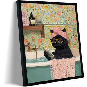 Framed Vintage Cat Canvas Wall Art, Funny Pink Animal Reading Books Painting Picture Print, Cute Kitten Lovers Aesthetic Wall Decor for Nursery Girls Room Bedroom Kids Room 10''L x 8''W
