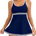 Women's Tankini Sets Tummy Control Swimsuits Color Block Swimdress 2025 Two Piece Bathing Suits,L