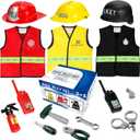 Cocojeci Boys Dress up Trunk Costumes Set,15pcs Pretend Role Play Set Fireman, Police, Construction Worker Costume with Accessories for Kids Ages 3-7