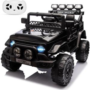12V Ride On Truck Car, Electric Car with Remote Control, Children Ride On Toy with Spring Suspension, Led Lights, Music, Battery Display for Kids 3-8, Black
